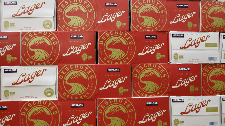 The newer, far better Kirkland Lager stacked high in a Costco.