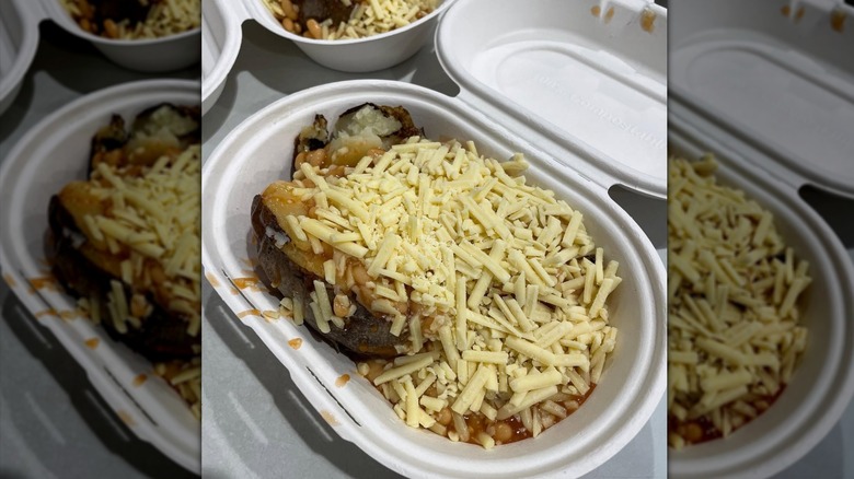 Costco jacket potato with baked beans and shredded cheese