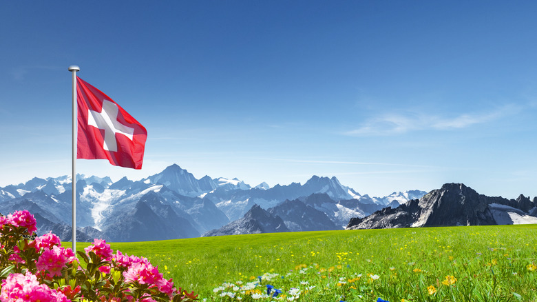 Mountain with Swiss flag