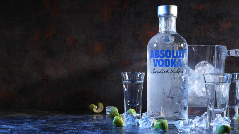 Bottle and shots of Absolut Swedish vodka