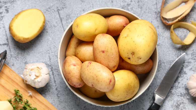 A bowl of unpeeled potatoes next to a whole thing of garlic and some potato peels.