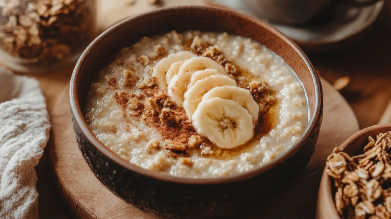 A small brown bowl of creamy oatmeal with cinnamon and banana slices