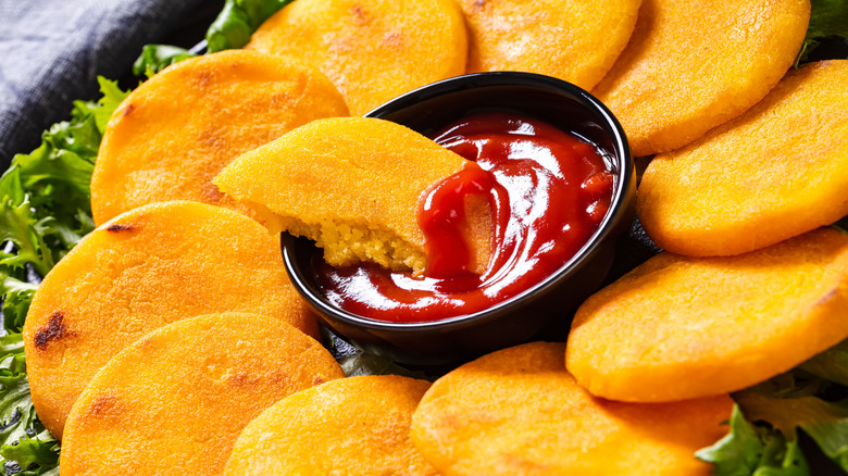 Corn dodgers with ketchup