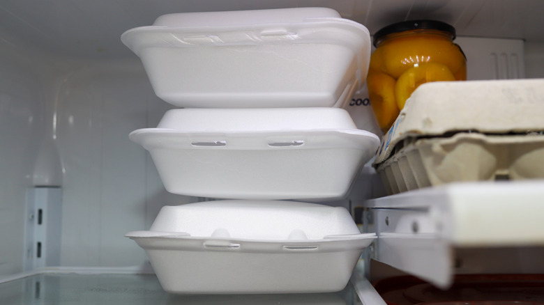 Styrofoam takeout containers in the fridge