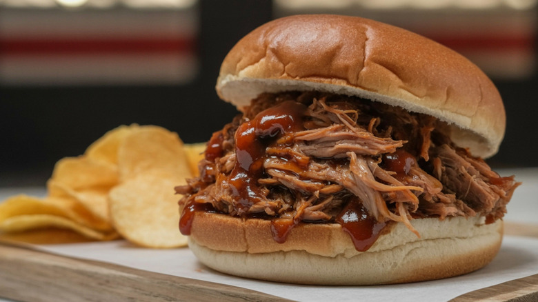 Shredded pulled pork sandwich on bun with barbecue sauce and potato chips in the background