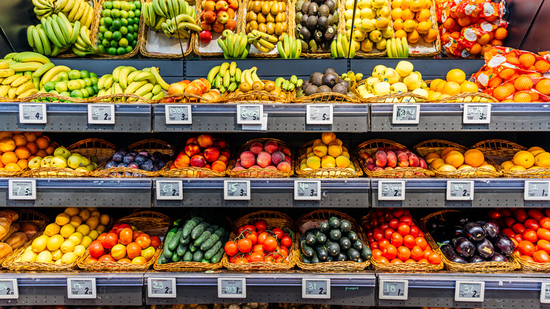 Fruits and vegetables on display at a grocery store