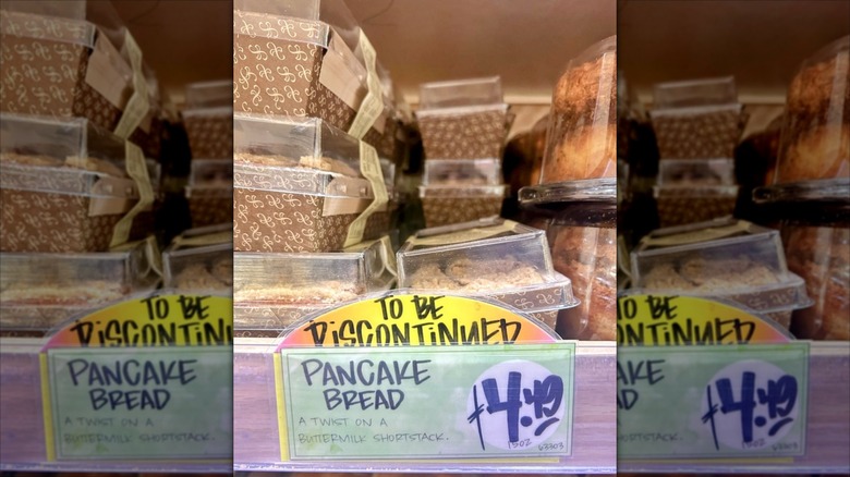 A to be discontinued sign in front of Trader Joe's pancake bread