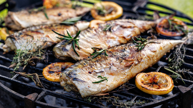 Whole fish on charcoal grill with lemon slices and sprigs of rosemary
