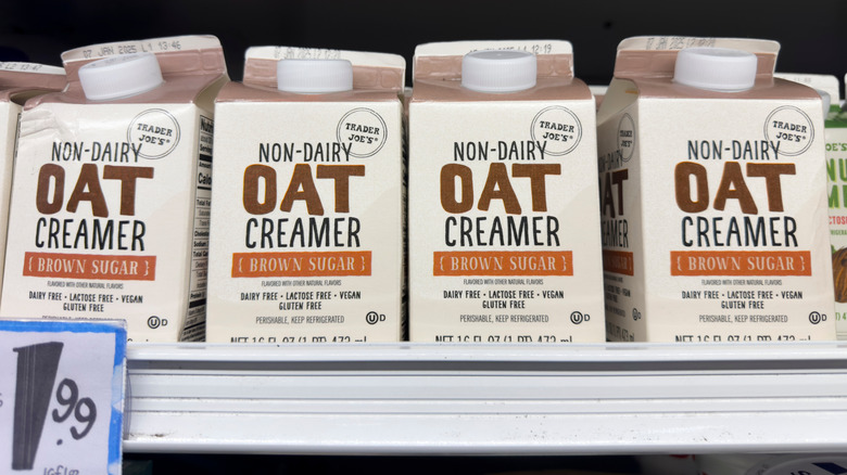 Tader Joes Non-daiy Brown Sugar Oat Creamer on the shelf with the $1.99 price showing