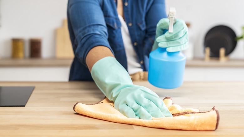 A woman cleaning with gloves and disinfectant