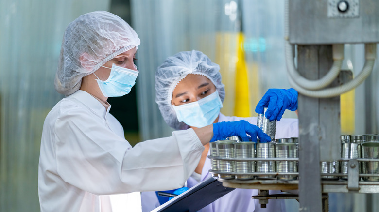 Quality control technicians inspect cans of soup at a processing facility