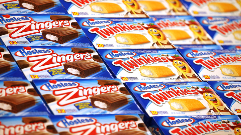 Hostess product boxes up close including Twinkies and Zingers.