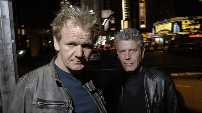 Gordon Ramsay and Anthony Bourdain outside at night