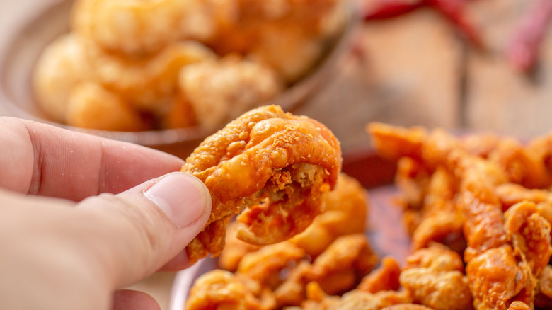 closeup of hand holding deep fried chicken skin