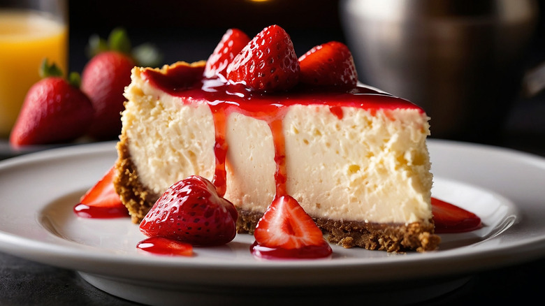 A slice of cheesecake on a plate topped with strawberries