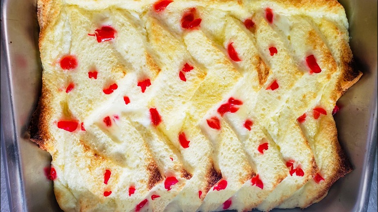 Queen of Puddings in a metal baking pan