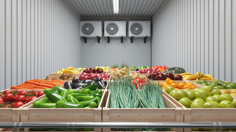Refrigeration chamber with close-up of fruits and vegetables in the crates.