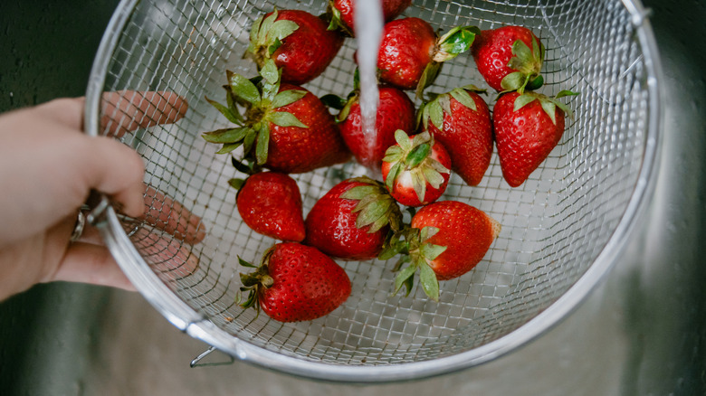 Red strawberries being rinsed in a metal strainer over a sink