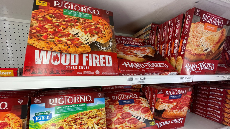 Freezer shelves with various options of DiGiorno pizzas