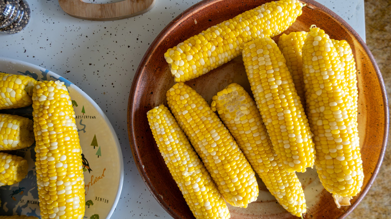 Cooked corn on two serving platters.