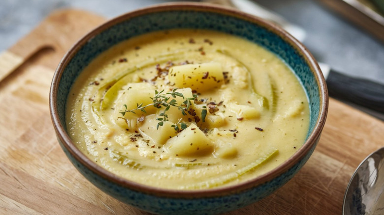 pureed potato soup with cubed potatoes on top