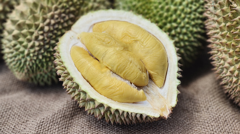 Halved durian fruit