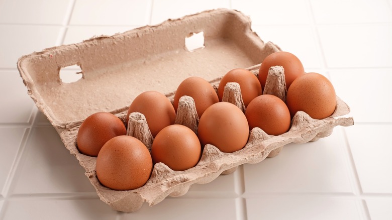 10 brown eggs in an opened egg carton