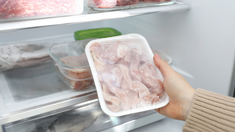 Person holding some frozen meat in packaging