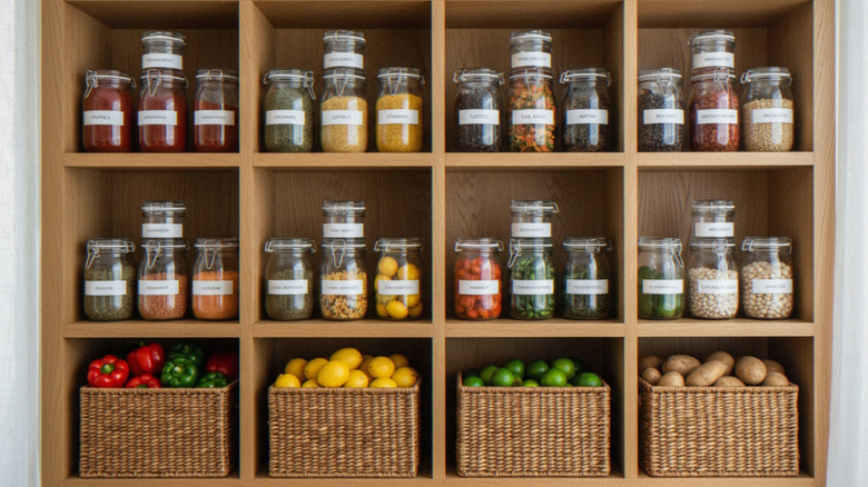 Assorted jars of dried pantry goods and baskets of vegetables and fresh citrus fruits