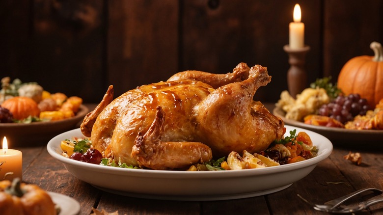 Roasted turkey on a platter with Thanksgiving dishes and decorations