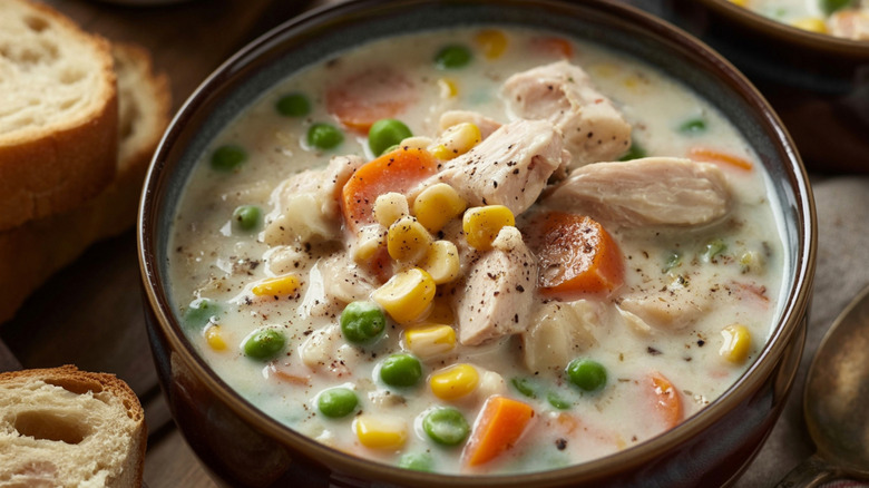 Closeup of chicken soup in bowl next to slices of bread