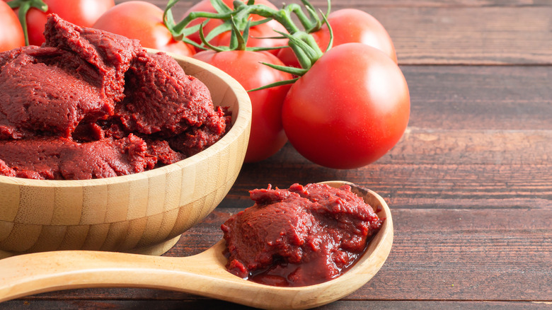 Tomato paste in wooden bowl and spoon