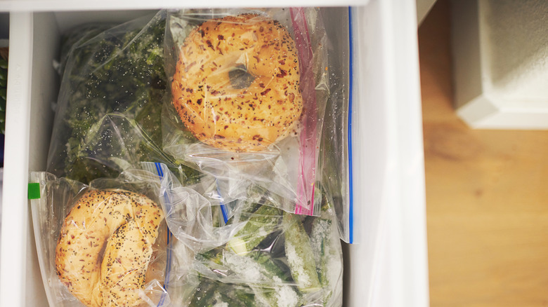 Bagels in a freezer wrapped inside freezer bags.