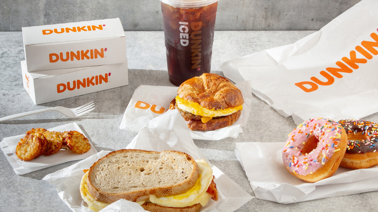 A variety of food from Dunkin' Donuts and an iced coffee