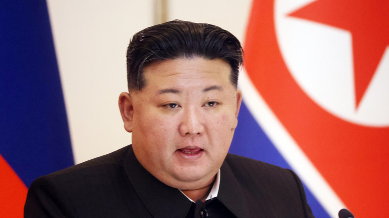 North Korean leader Kim Jong-Un in front of flag