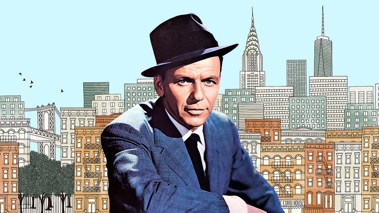 Frank Sinatra in front of the New York City skyline