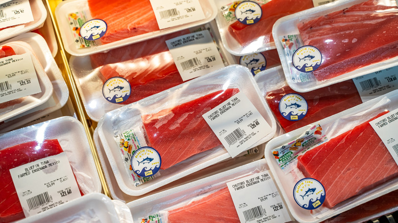 Bluefin tuna fillets in plastic packages at Osaka Marketplace in Fremont, California