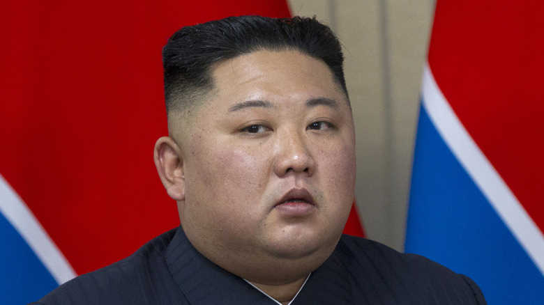 North Korea's Kim Jong-Un in front of flags