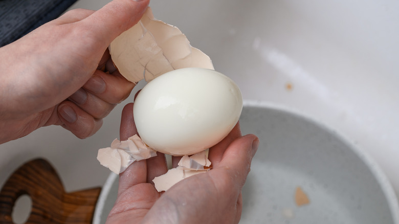 A pair of hands peels the shell from a hard-boiled egg