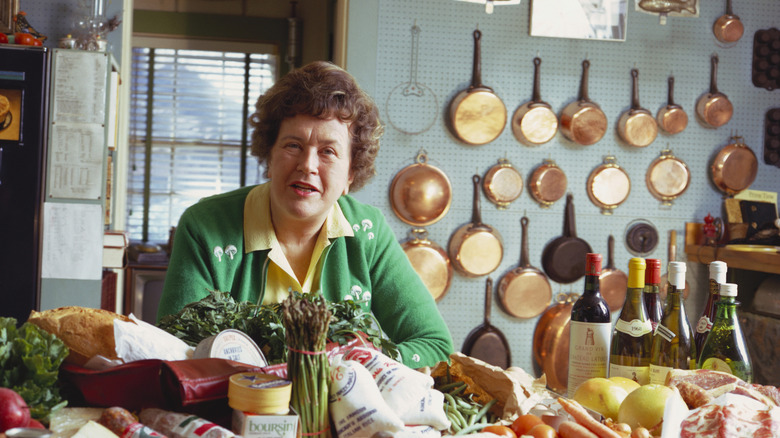 Portrait of American chef, author, cooking teacher, author, and tv host Julia Child (1912 - 2004) as she poses in her kitchen, Cambridge, Massachusetts, 1972.