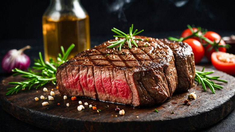 A piece of medium-rare steak on a wooden cutting board