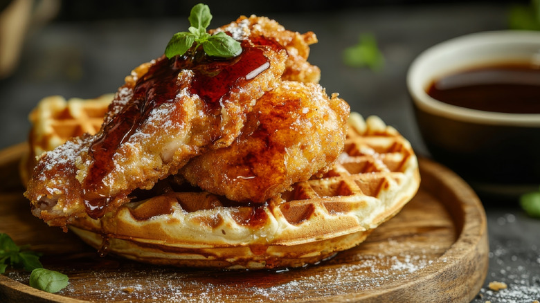 A plate of chicken and waffles.