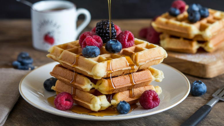Light and fluffy waffles with berries on top and syrup being drizzled over them.