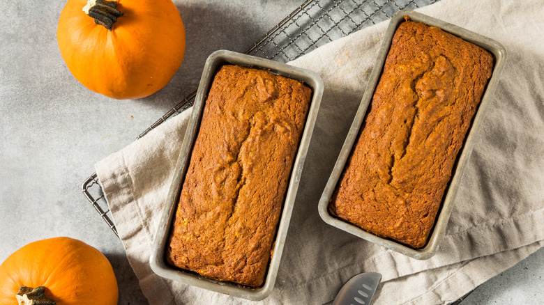 Top view of pumpkin bread in loaf pans alongside small pumpkins