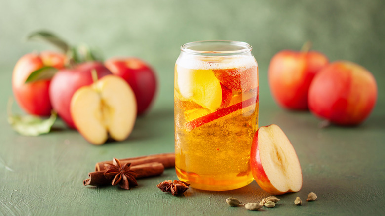A glass cup of apple cider with sliced apples inside, surrounding by cut apples and spices