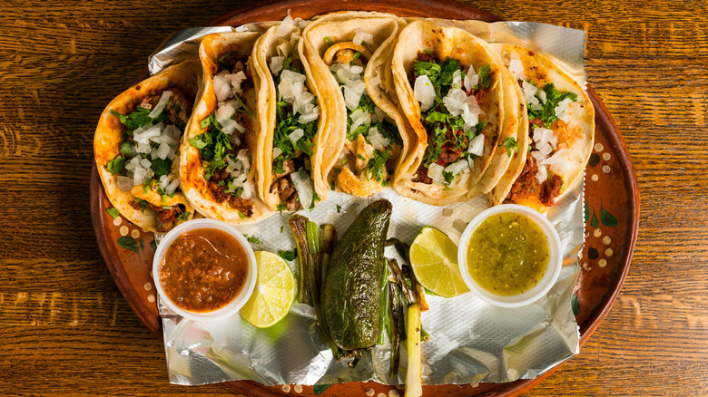 Top view of assorted Mexican street tacos