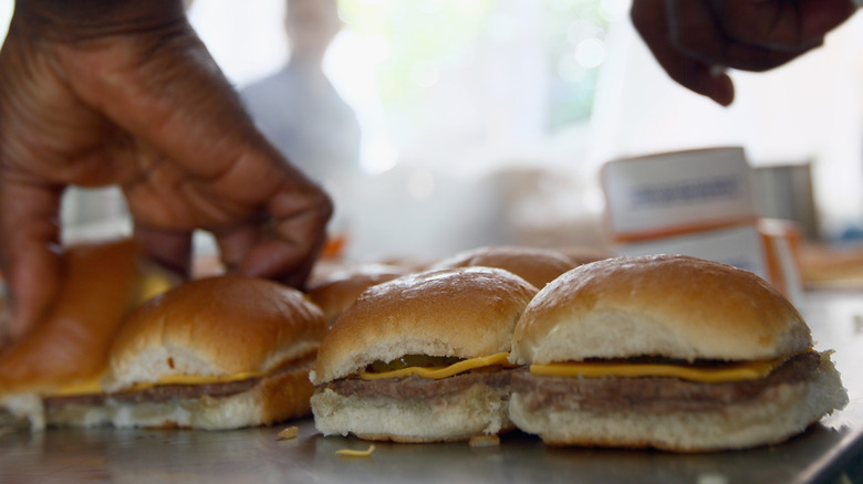White Castle sliders on flat top grill