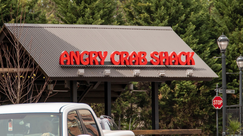Tilted roof and sign of Angry Crab Shack