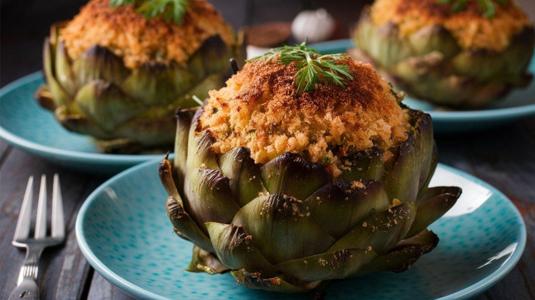 Three stuffed artichokes with breadcrumb topping