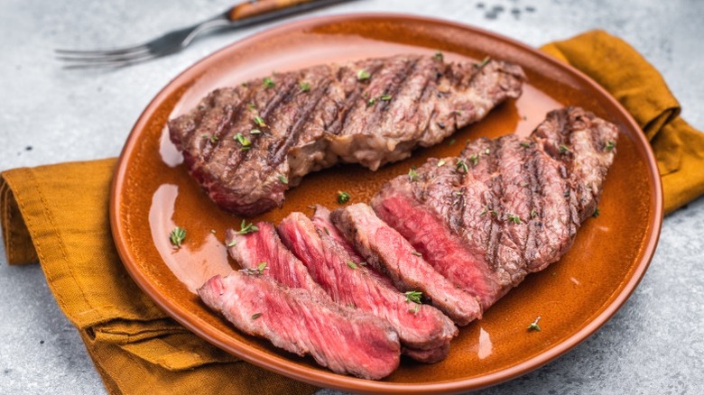 A rare flat iron steak.